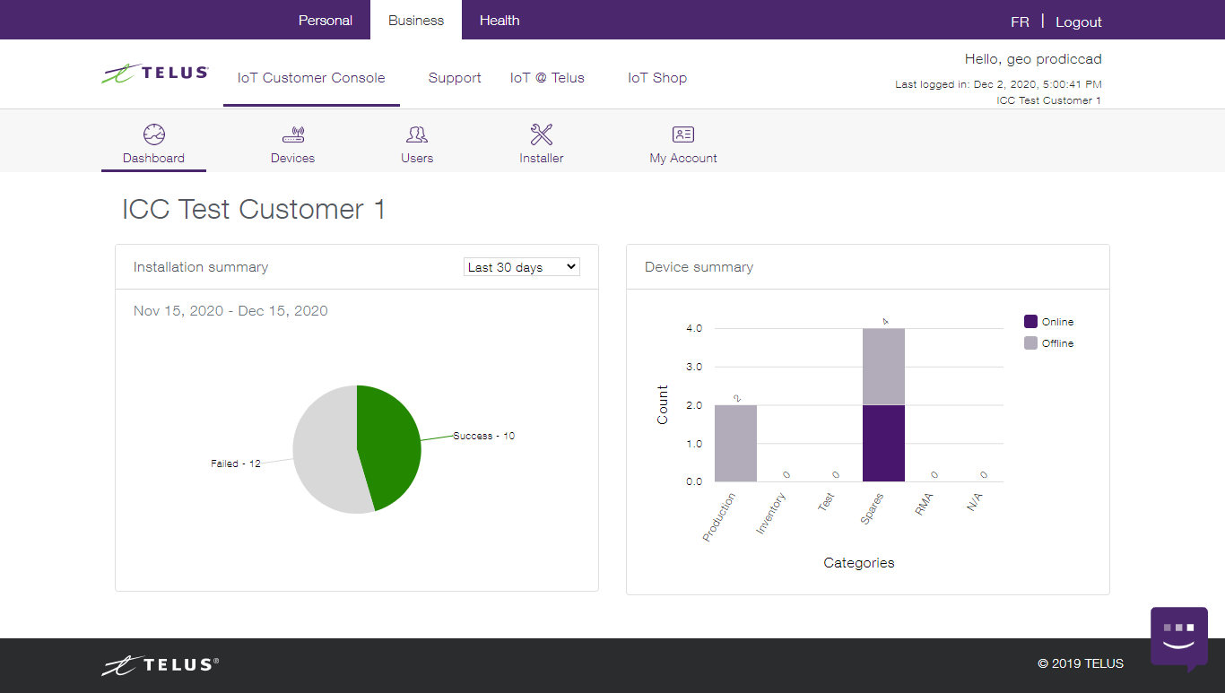 IoT Customer Console Dashboard