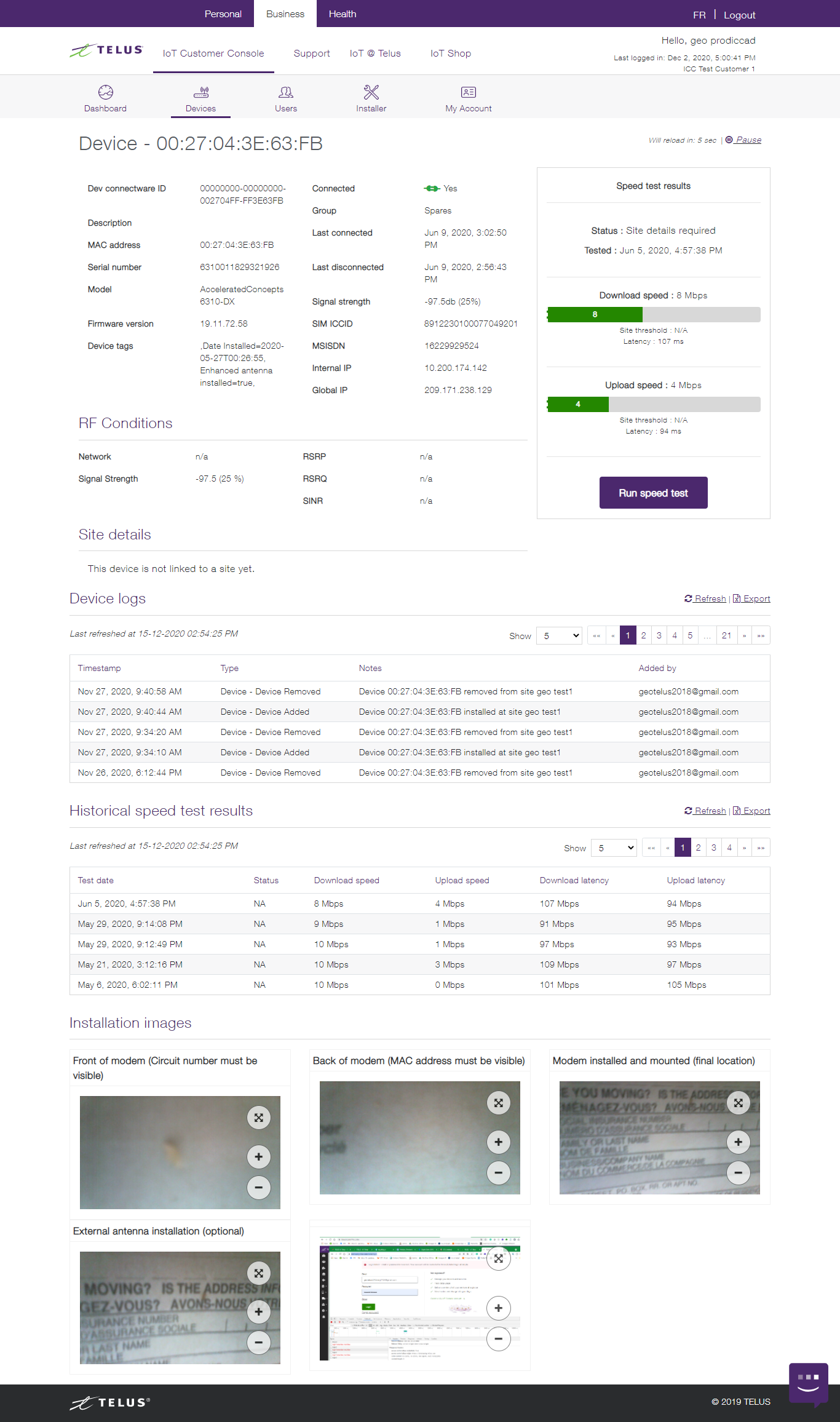 IoT Customer Console device details