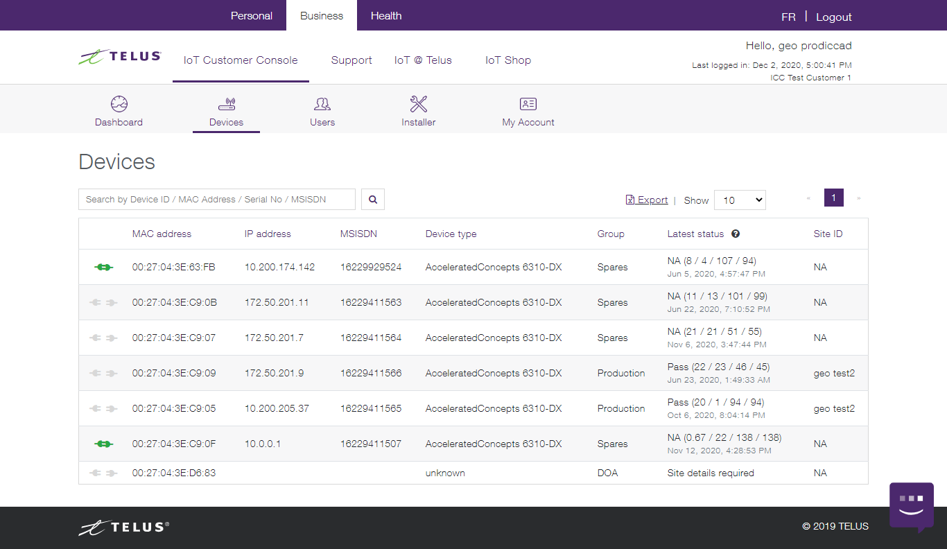 IoT Customer Console My SIMs Page