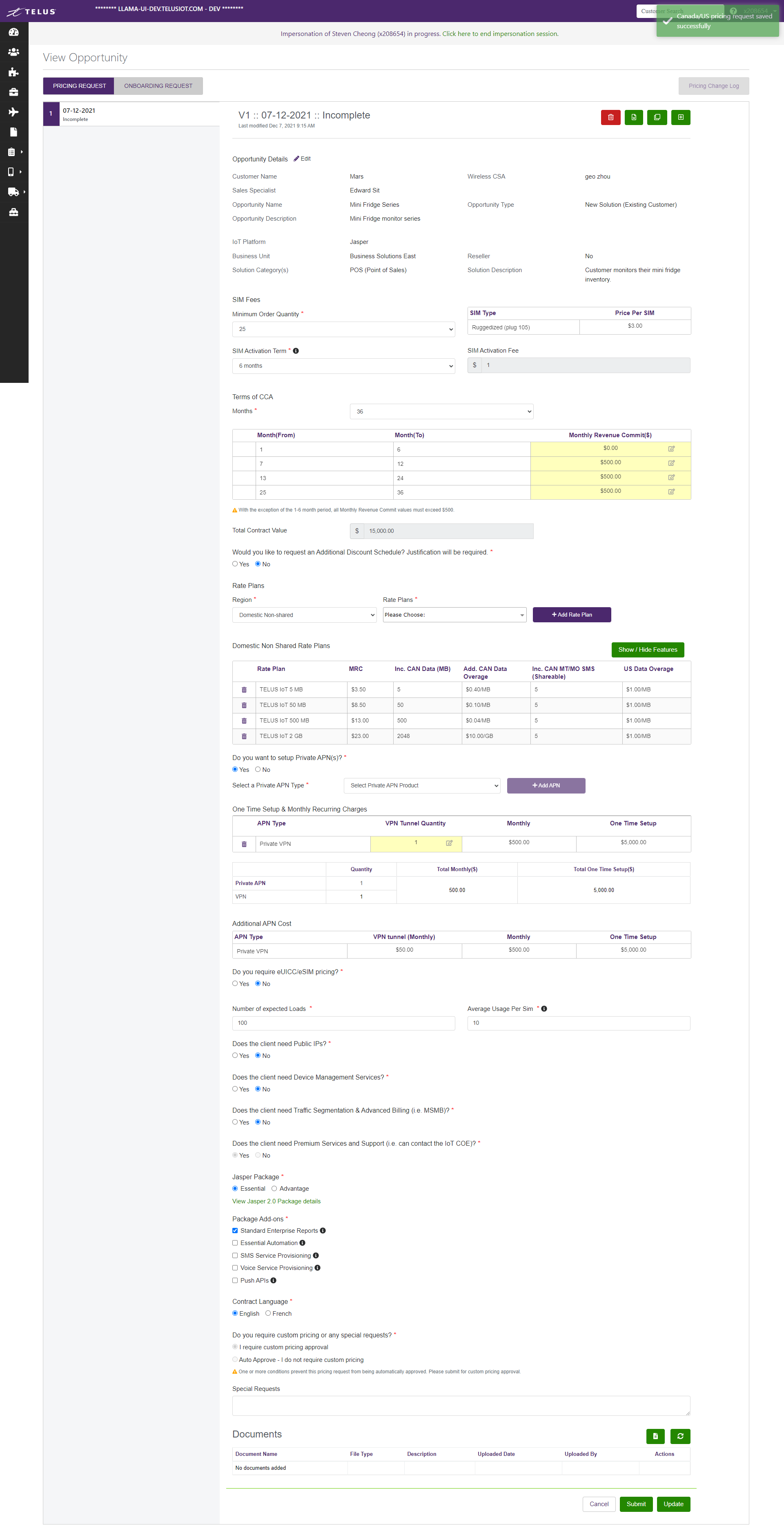 Screenshot of pricing request