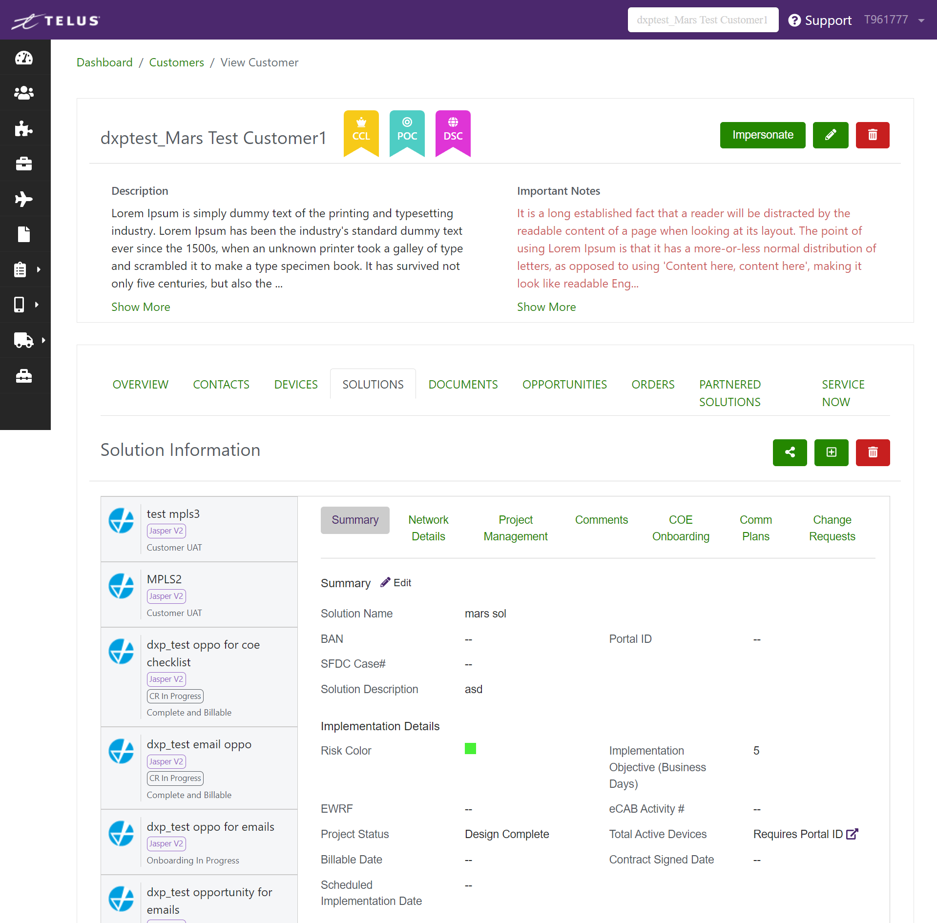 Screenshot of solution management